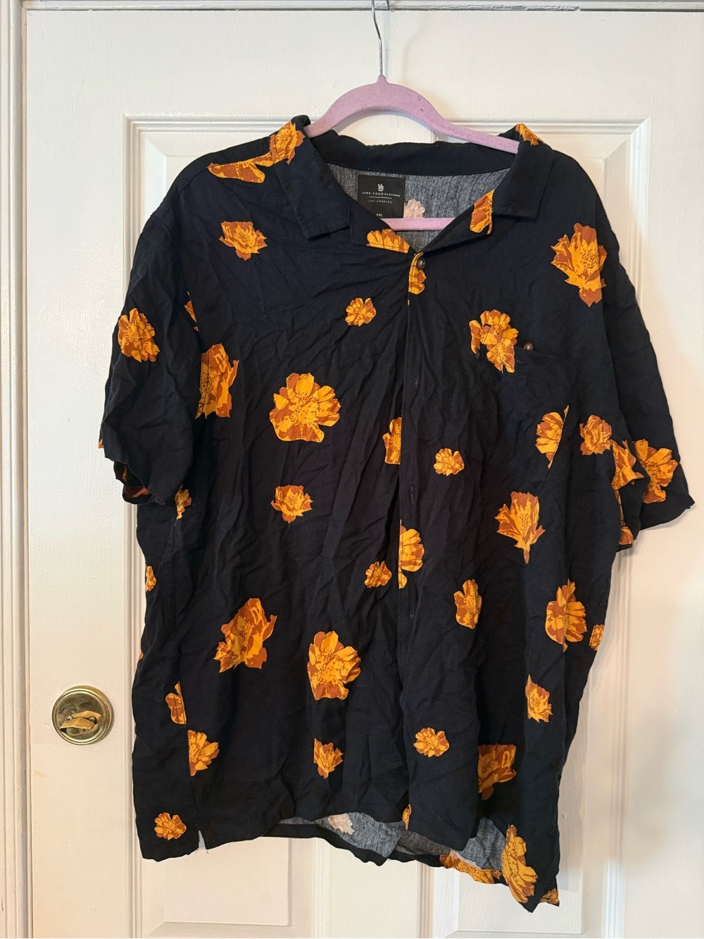 Junk Food Clothing Black Short-Sleeve Button-Down with Orange Floral Print